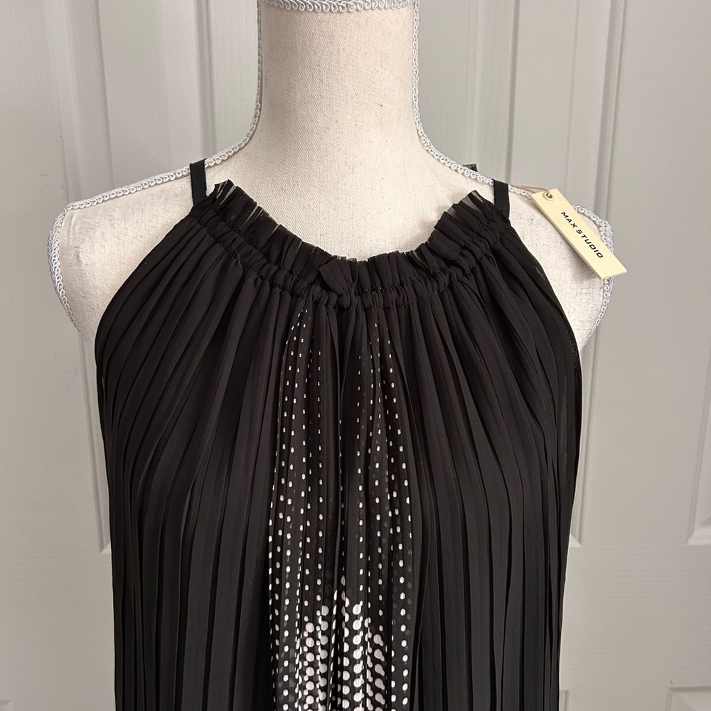 NWT MAX STUDIO Maxi, Sleeveless, Pleated, Polka Dots, Dress, Black & White Large - Picture 2 of 9